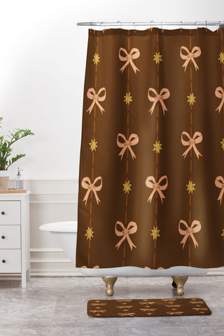 H Miller Ink Illustration Cute Hair Bows Stars in Brown Shower Curtain And Mat