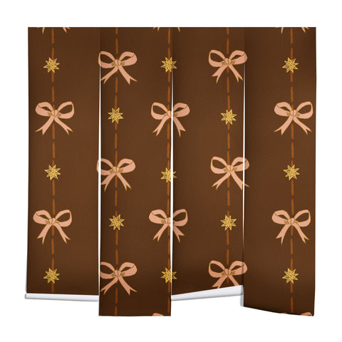 H Miller Ink Illustration Cute Hair Bows Stars in Brown Wall Mural