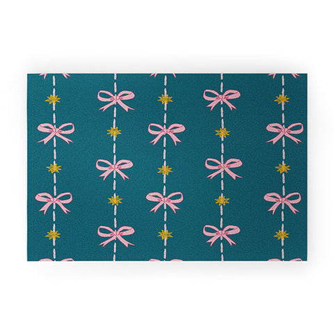 H Miller Ink Illustration Cute Hair Bows Stars in Teal Welcome Mat