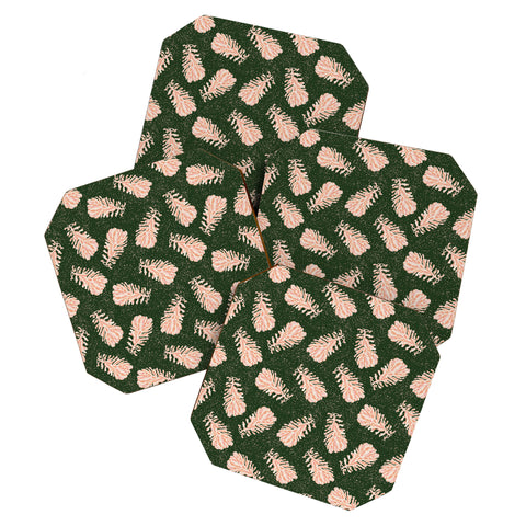 H Miller Ink Illustration Dancing Pinecones Forest Green Coaster Set