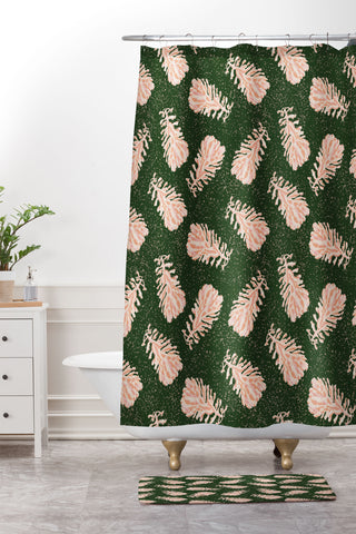 H Miller Ink Illustration Dancing Pinecones Forest Green Shower Curtain And Mat