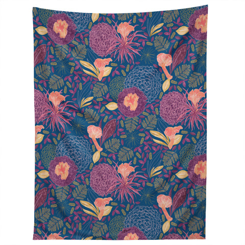 H Miller Ink Illustration Forest Full of Wild Mushrooms Tapestry