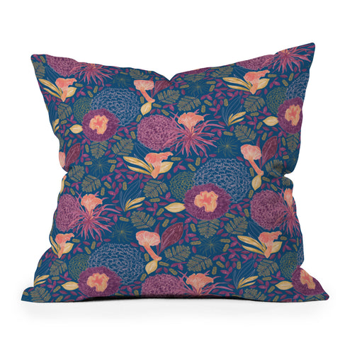 H Miller Ink Illustration Forest Full of Wild Mushrooms Outdoor Throw Pillow