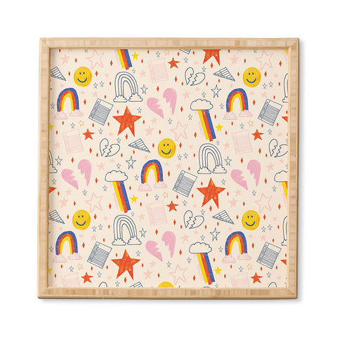 H Miller Ink Illustration Happy Smiley Face Retro Rainbows Framed Wall Art