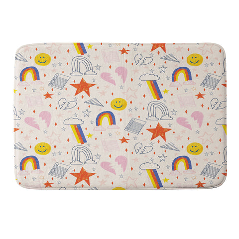 H Miller Ink Illustration Happy Smiley Face Retro Rainbows Memory Foam Bath Mat