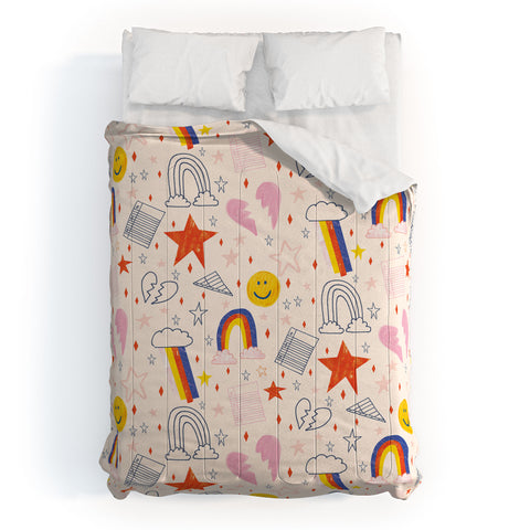 H Miller Ink Illustration Happy Smiley Face Retro Rainbows Comforter
