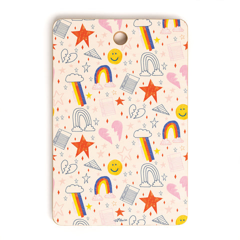 H Miller Ink Illustration Happy Smiley Face Retro Rainbows Cutting Board Rectangle
