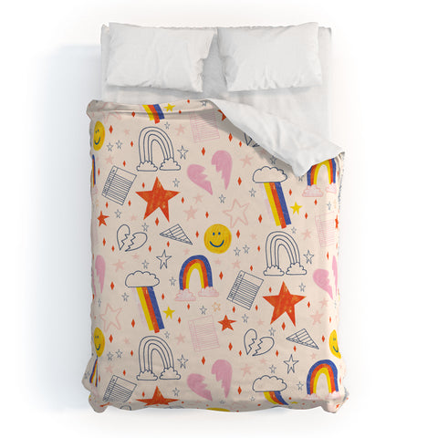 H Miller Ink Illustration Happy Smiley Face Retro Rainbows Duvet Cover
