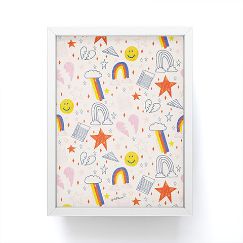 H Miller Ink Illustration Happy Smiley Face Retro Rainbows Framed Mini Art Print