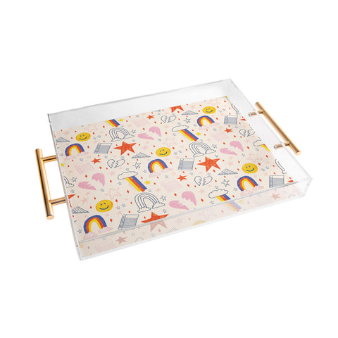 H Miller Ink Illustration Happy Smiley Face Retro Rainbows Acrylic Tray