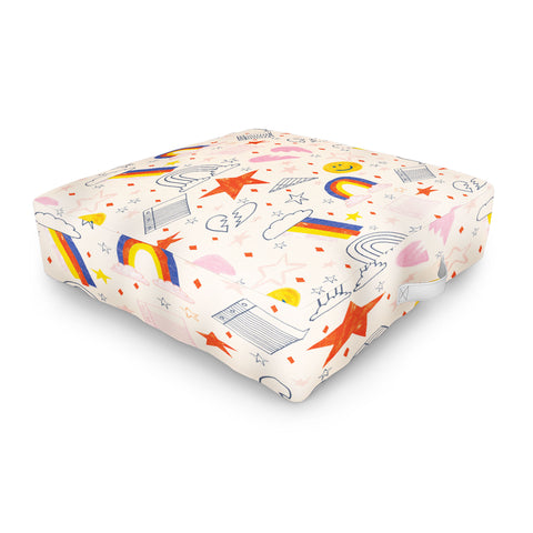 H Miller Ink Illustration Happy Smiley Face Retro Rainbows Outdoor Floor Cushion