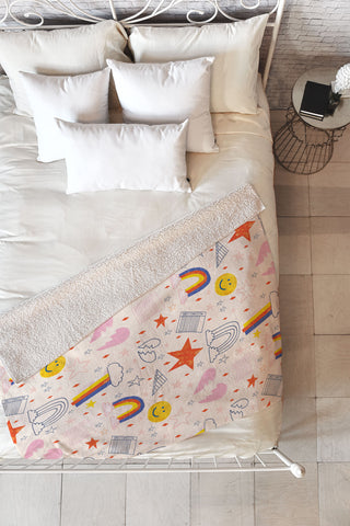H Miller Ink Illustration Happy Smiley Face Retro Rainbows Fleece Throw Blanket