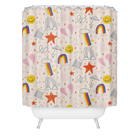 H Miller Ink Illustration Happy Smiley Face Retro Rainbows Shower Curtain