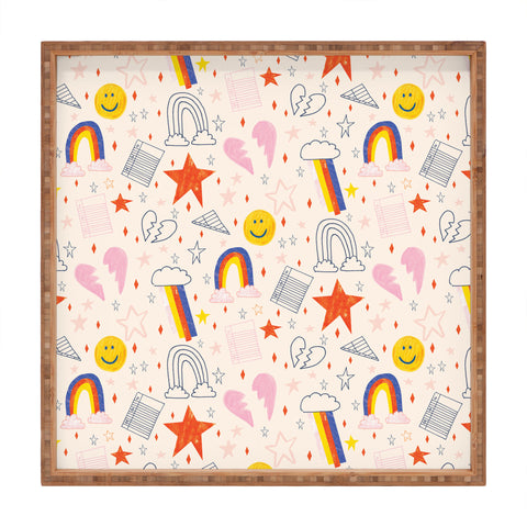 H Miller Ink Illustration Happy Smiley Face Retro Rainbows Square Tray