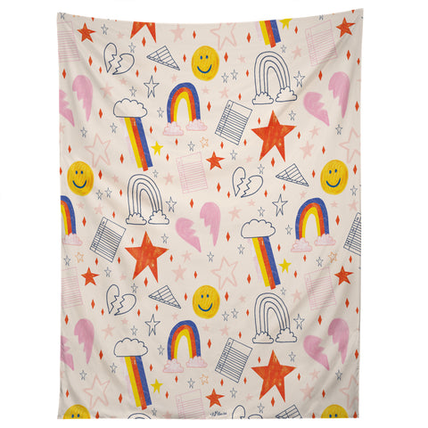 H Miller Ink Illustration Happy Smiley Face Retro Rainbows Tapestry