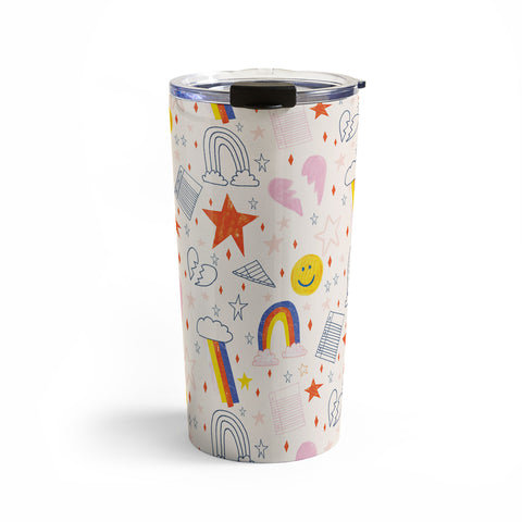 H Miller Ink Illustration Happy Smiley Face Retro Rainbows Travel Mug