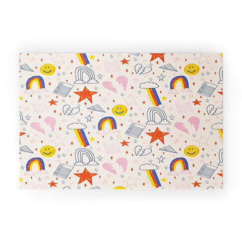 H Miller Ink Illustration Happy Smiley Face Retro Rainbows Welcome Mat