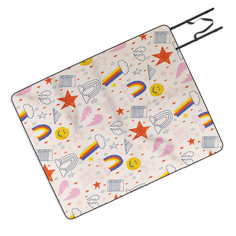 H Miller Ink Illustration Happy Smiley Face Retro Rainbows Picnic Blanket
