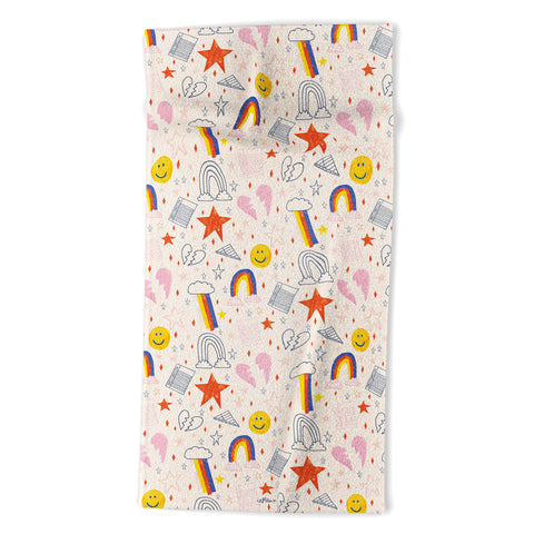 H Miller Ink Illustration Happy Smiley Face Retro Rainbows Beach Towel