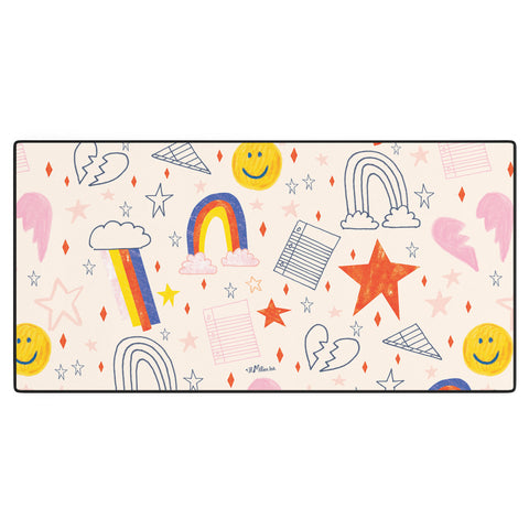 H Miller Ink Illustration Happy Smiley Face Retro Rainbows Desk Mat