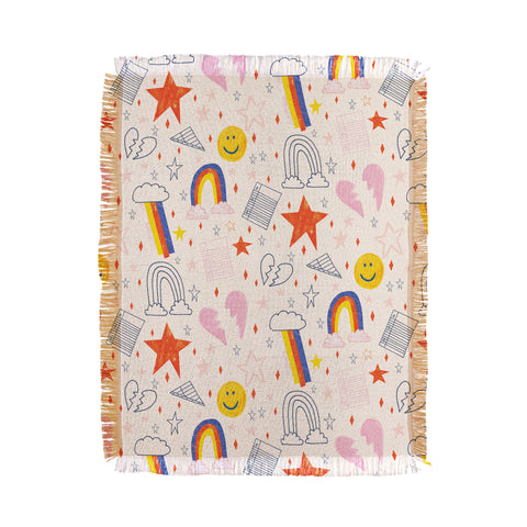 H Miller Ink Illustration Happy Smiley Face Retro Rainbows Throw Blanket