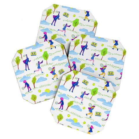 H Miller Ink Illustration Lets Play Tennis in White Coaster Set
