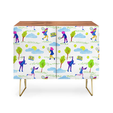 H Miller Ink Illustration Lets Play Tennis in White Credenza
