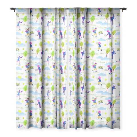 H Miller Ink Illustration Lets Play Tennis in White Sheer Window Curtain