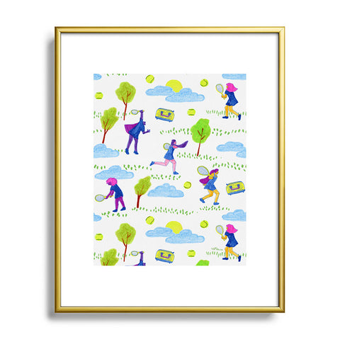 H Miller Ink Illustration Lets Play Tennis in White Metal Framed Art Print