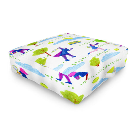 H Miller Ink Illustration Lets Play Tennis in White Outdoor Floor Cushion