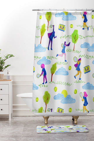 H Miller Ink Illustration Lets Play Tennis in White Shower Curtain And Mat