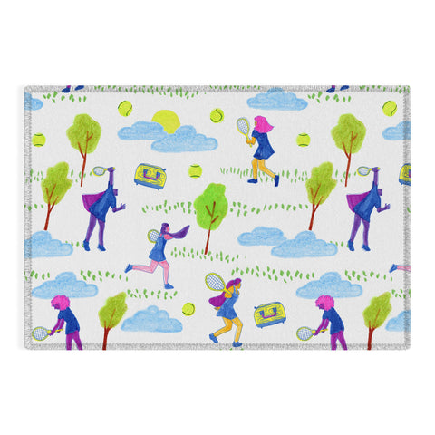 H Miller Ink Illustration Lets Play Tennis in White Outdoor Rug
