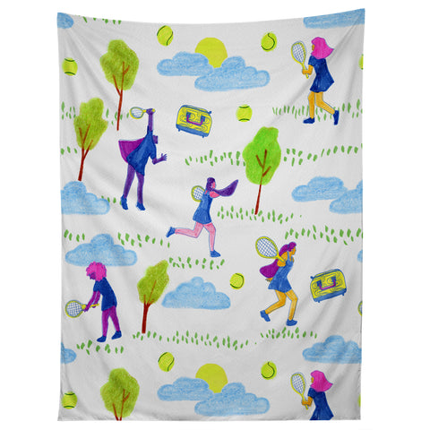 H Miller Ink Illustration Lets Play Tennis in White Tapestry
