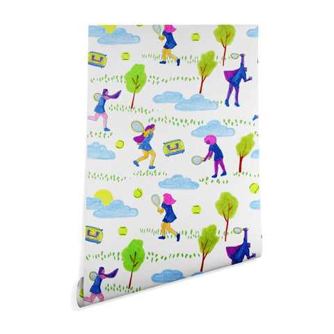 H Miller Ink Illustration Lets Play Tennis in White Wallpaper