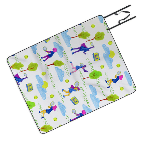 H Miller Ink Illustration Lets Play Tennis in White Picnic Blanket
