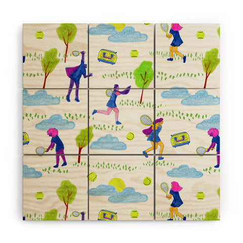 H Miller Ink Illustration Lets Play Tennis in White Wood Wall Mural
