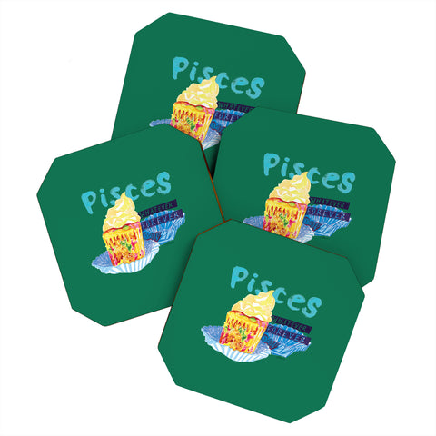 H Miller Ink Illustration Pisces Chill Vibes in Chive Green Coaster Set