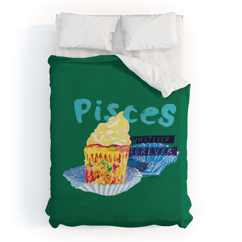 H Miller Ink Illustration Pisces Chill Vibes in Chive Green Duvet Cover