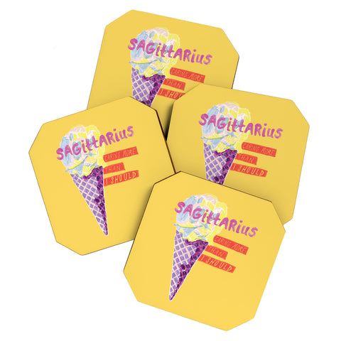 H Miller Ink Illustration Sagittarius Cares in Sunshine Yellow Coaster Set