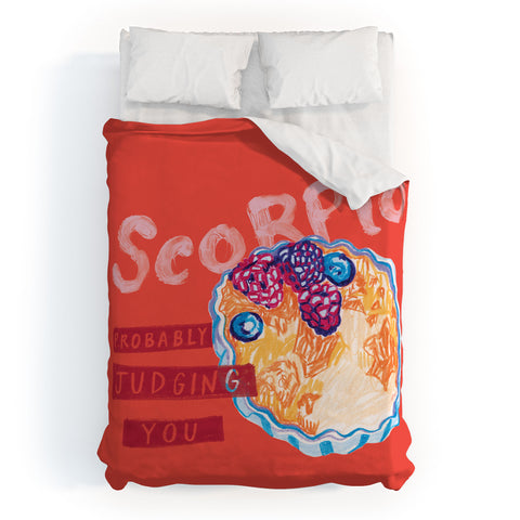 H Miller Ink Illustration Scorpio Mood in Tomato Red Duvet Cover