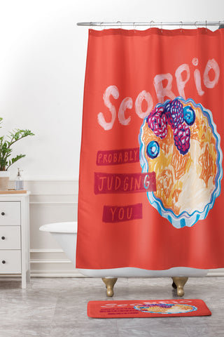 H Miller Ink Illustration Scorpio Mood in Tomato Red Shower Curtain And Mat