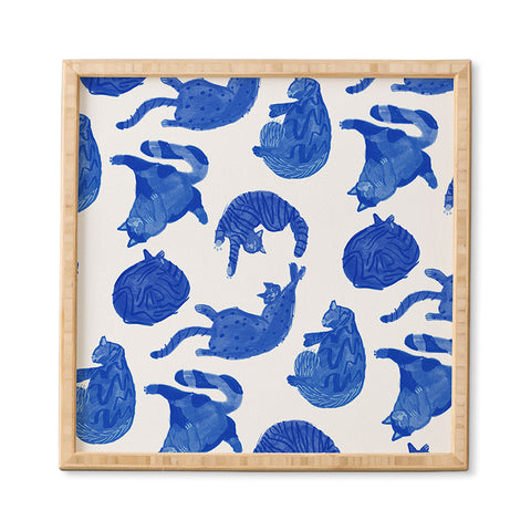 H Miller Ink Illustration Sleepy Cozy Kitty Cats in Blue Framed Wall Art