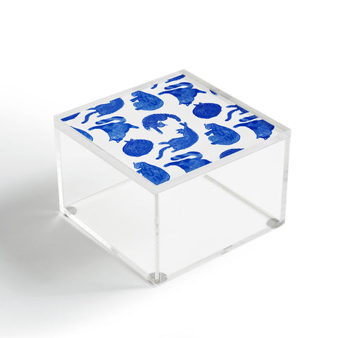 H Miller Ink Illustration Sleepy Cozy Kitty Cats in Blue Acrylic Box