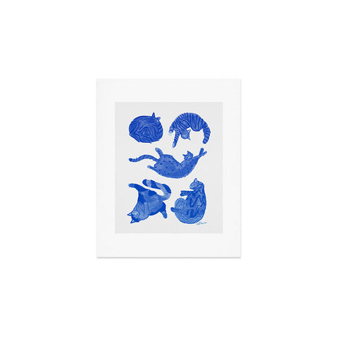 H Miller Ink Illustration Sleepy Cozy Kitty Cats in Blue Art Print