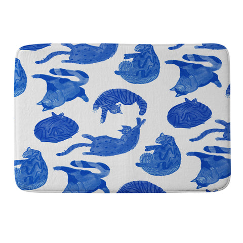 H Miller Ink Illustration Sleepy Cozy Kitty Cats in Blue Memory Foam Bath Mat