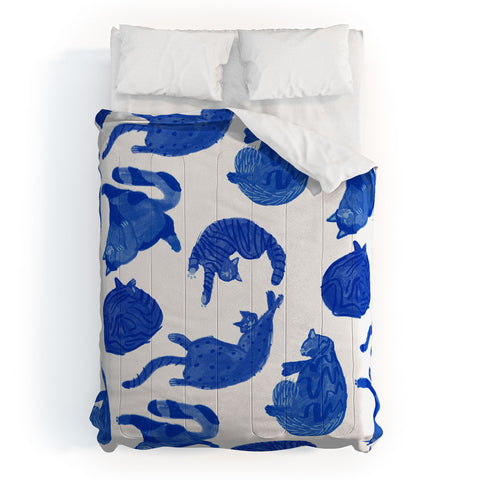 H Miller Ink Illustration Sleepy Cozy Kitty Cats in Blue Comforter