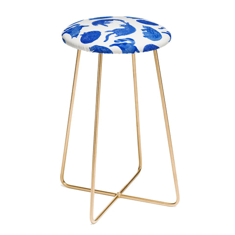 H Miller Ink Illustration Sleepy Cozy Kitty Cats in Blue Counter Stool