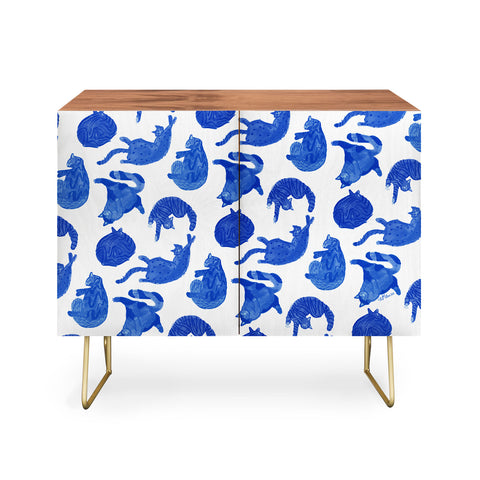 H Miller Ink Illustration Sleepy Cozy Kitty Cats in Blue Credenza