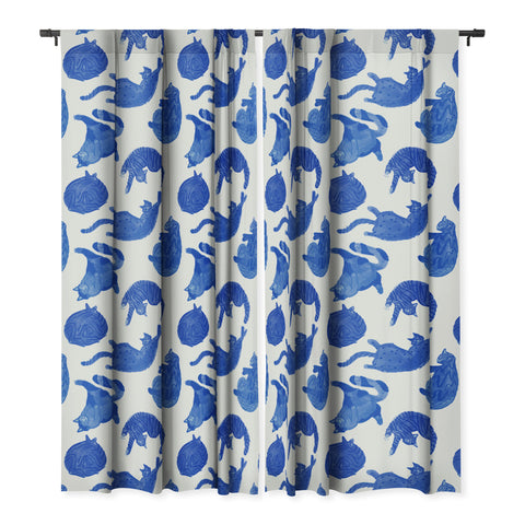 H Miller Ink Illustration Sleepy Cozy Kitty Cats in Blue Blackout Window Curtain