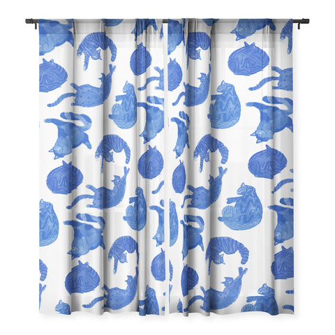 H Miller Ink Illustration Sleepy Cozy Kitty Cats in Blue Sheer Non Repeat